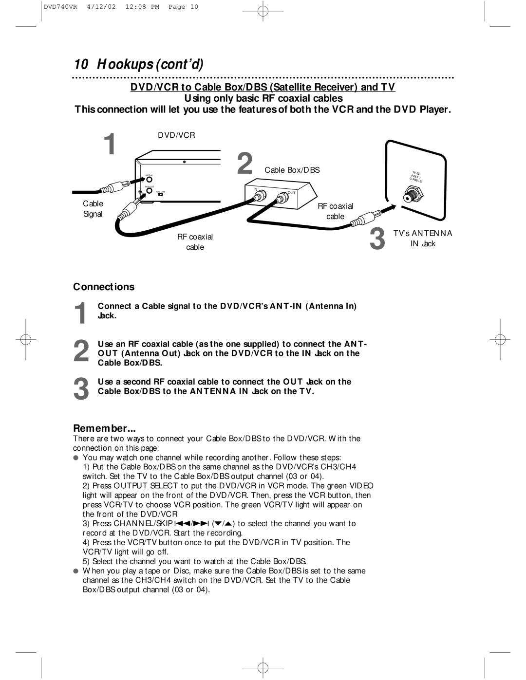 Philips DVD740VR owner manual Signal Cable, TV’s Antenna, Select the channel you want to watch at the Cable Box/DBS 