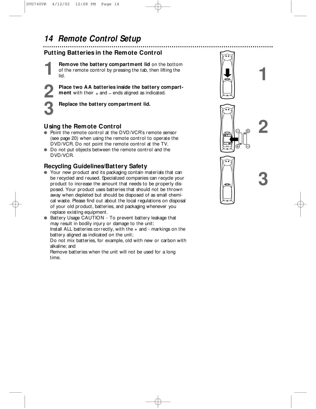 Philips DVD740VR owner manual Remote Control Setup, Putting Batteries in the Remote Control, Using the Remote Control 