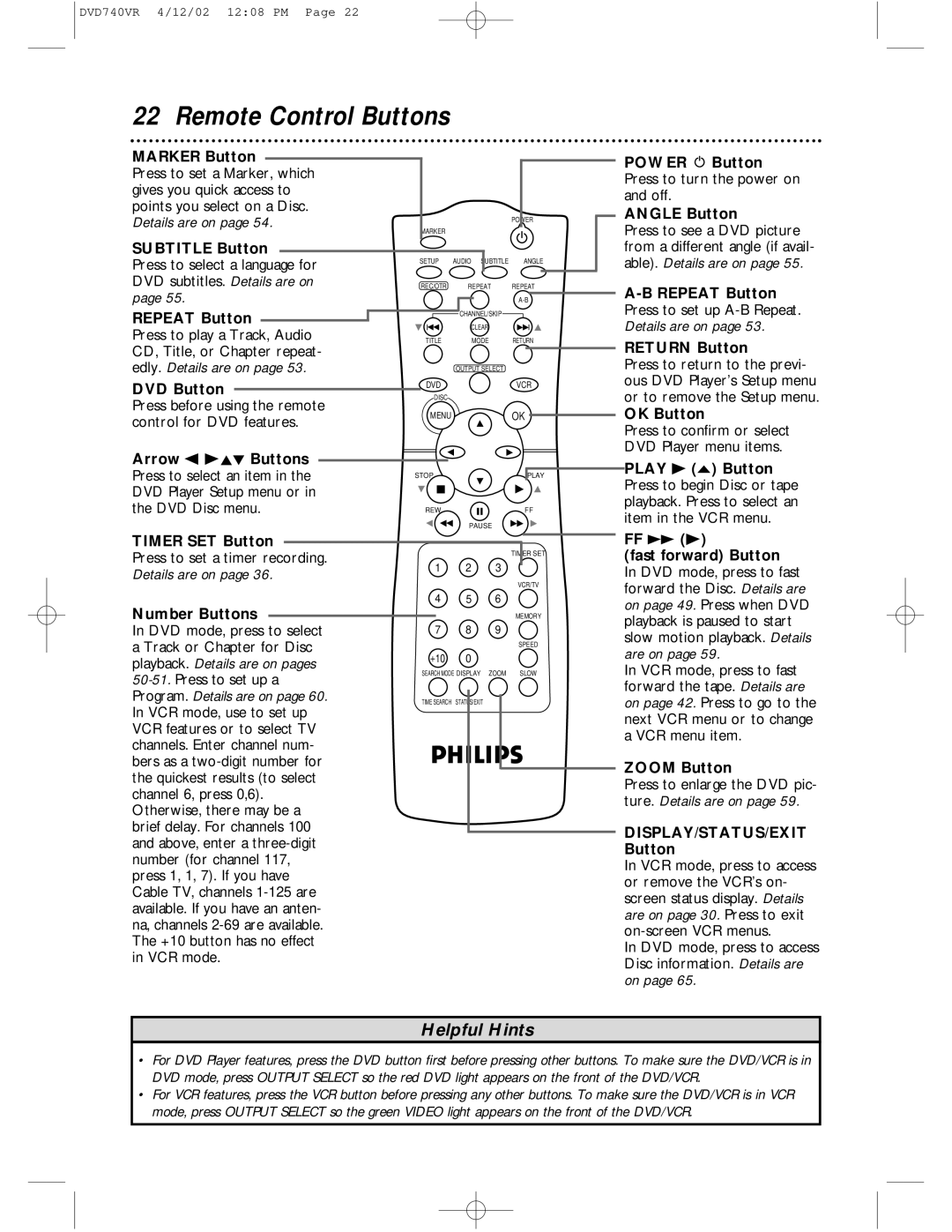 Philips DVD740VR owner manual Remote Control Buttons 