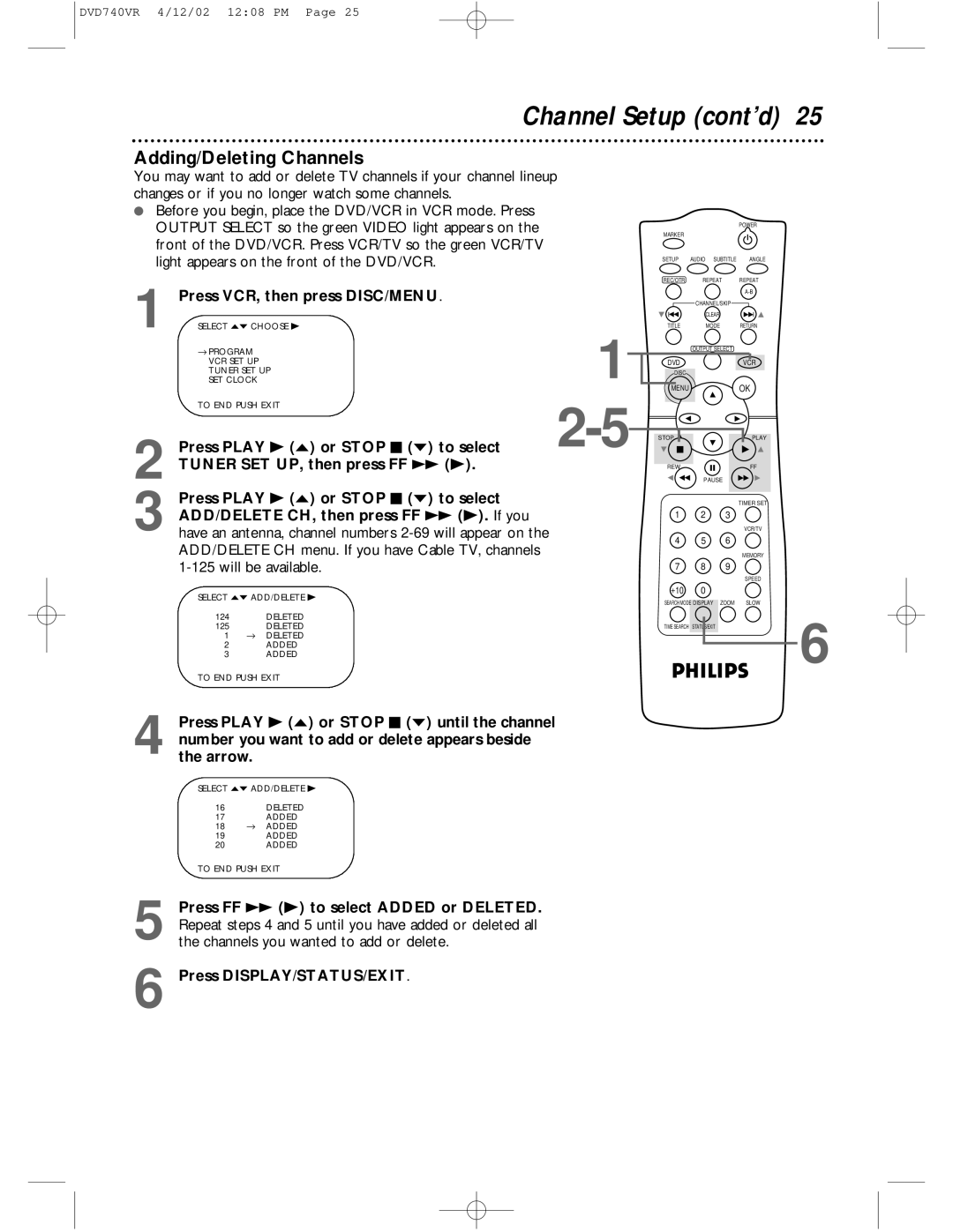 Philips DVD740VR owner manual Channel Setup cont’d, Adding/Deleting Channels 