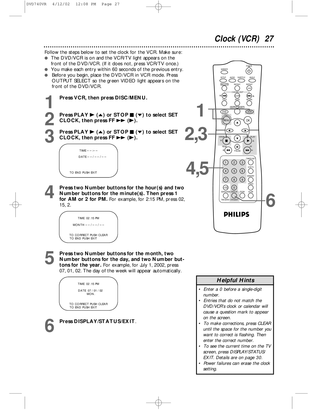 Philips DVD740VR owner manual Clock VCR, Power failures can erase the clock setting 