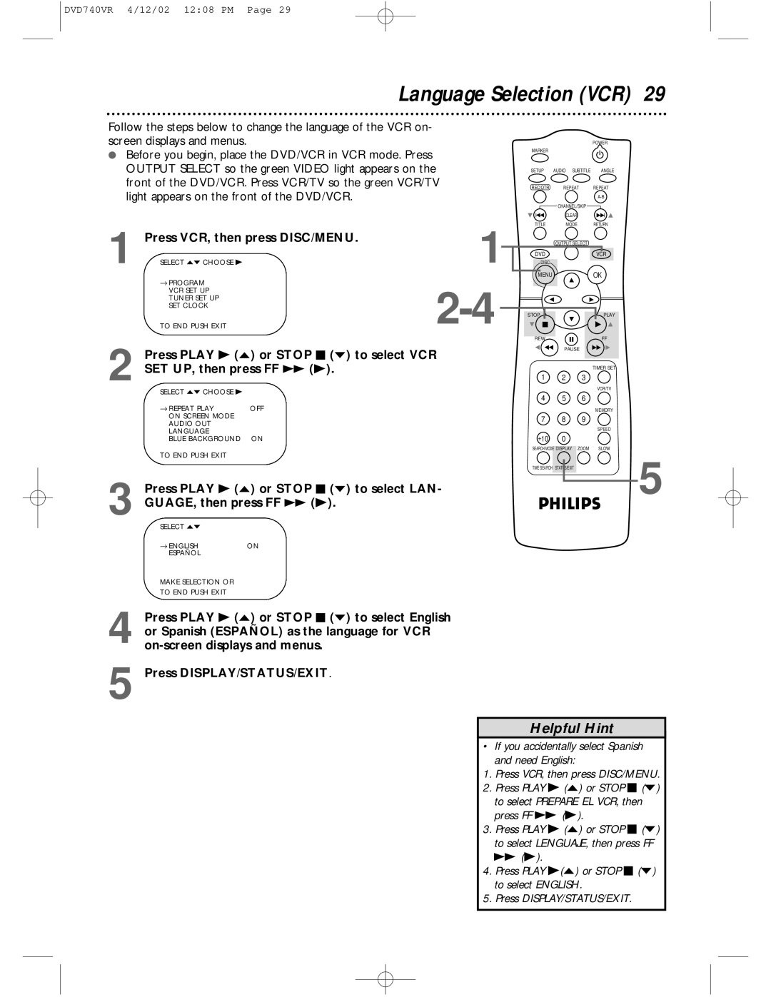 Philips DVD740VR owner manual Language Selection VCR, → English Español Make Selection or To END Push Exit 