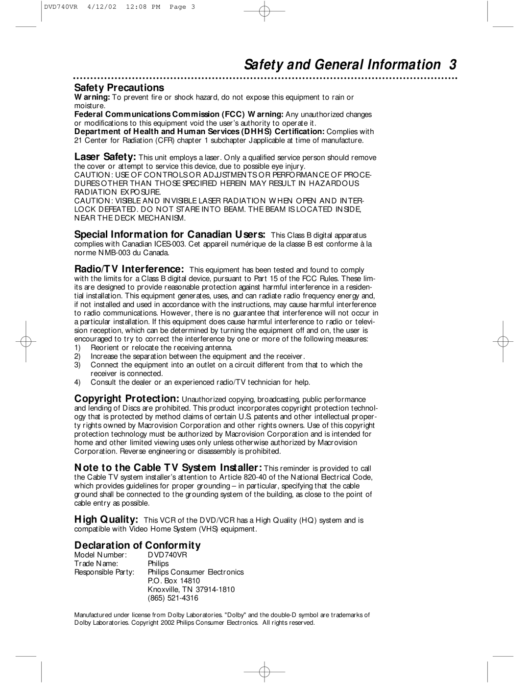 Philips DVD740VR owner manual Safety and General Information, Safety Precautions, Declaration of Conformity 