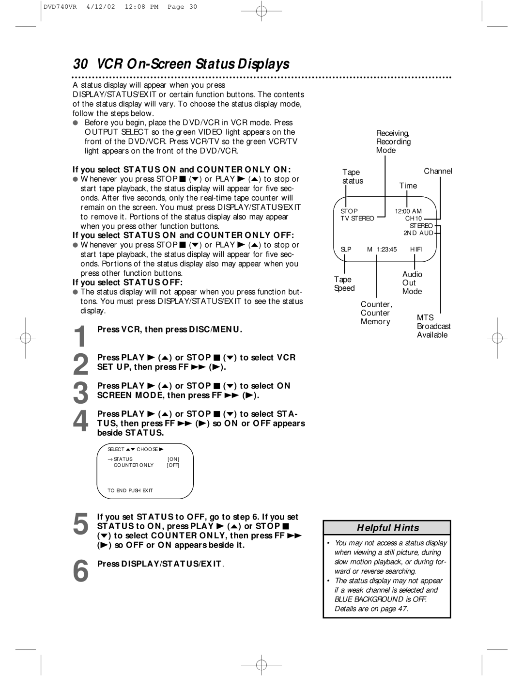 Philips DVD740VR owner manual VCR On-Screen Status Displays 