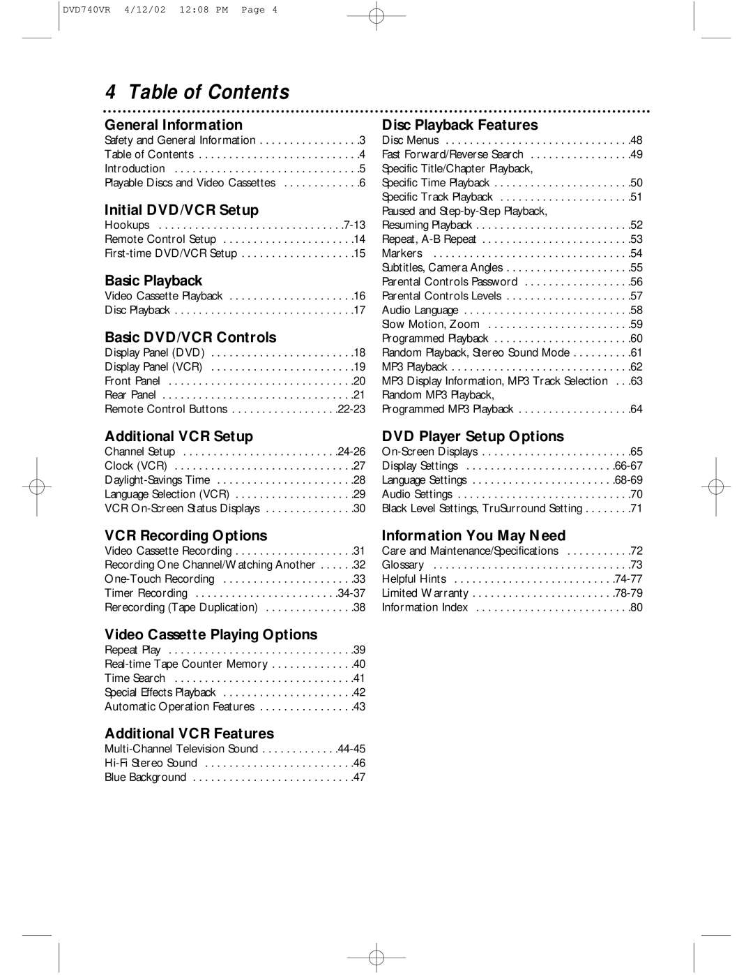 Philips DVD740VR owner manual Table of Contents 