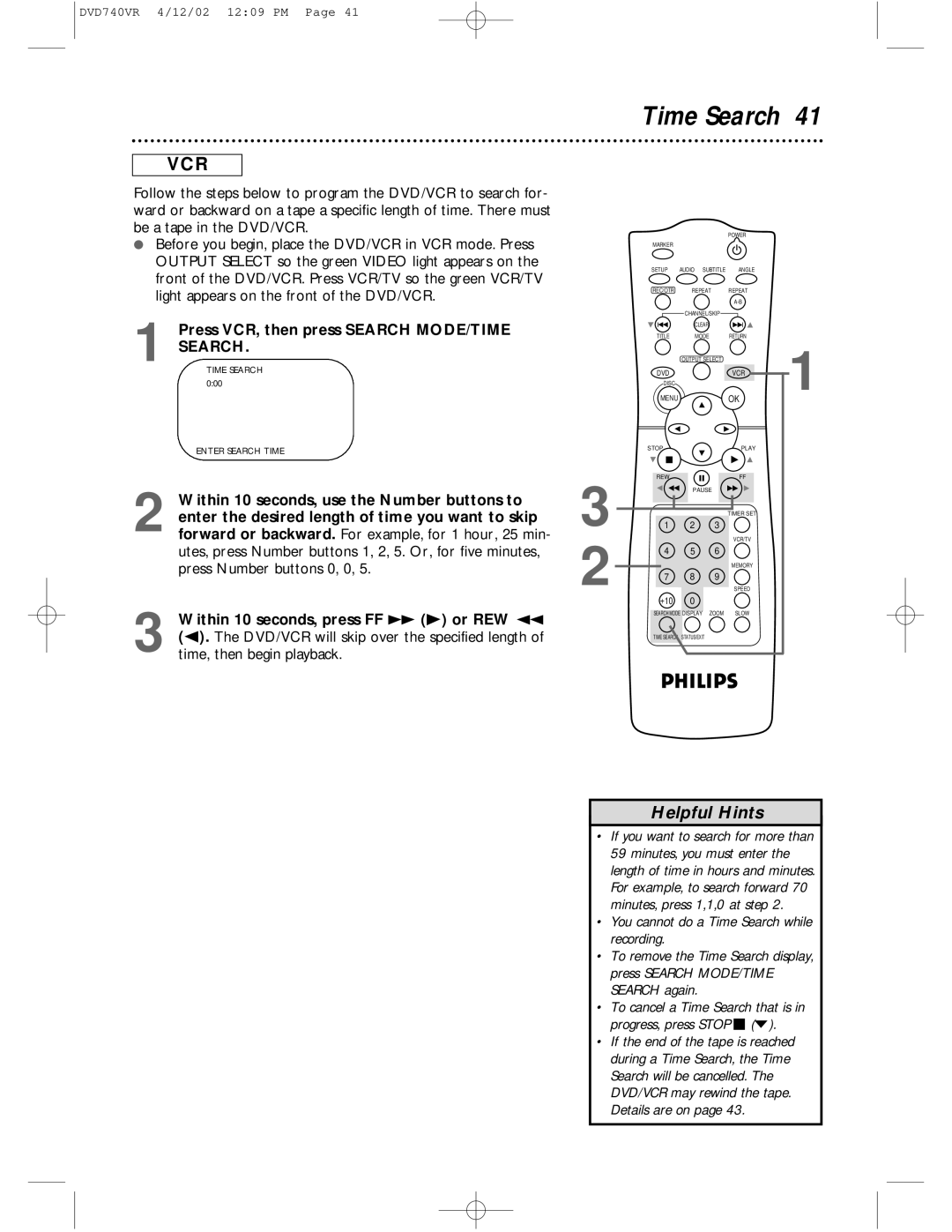 Philips DVD740VR owner manual Time Search, Press VCR, then press Search MODE/TIME Search 