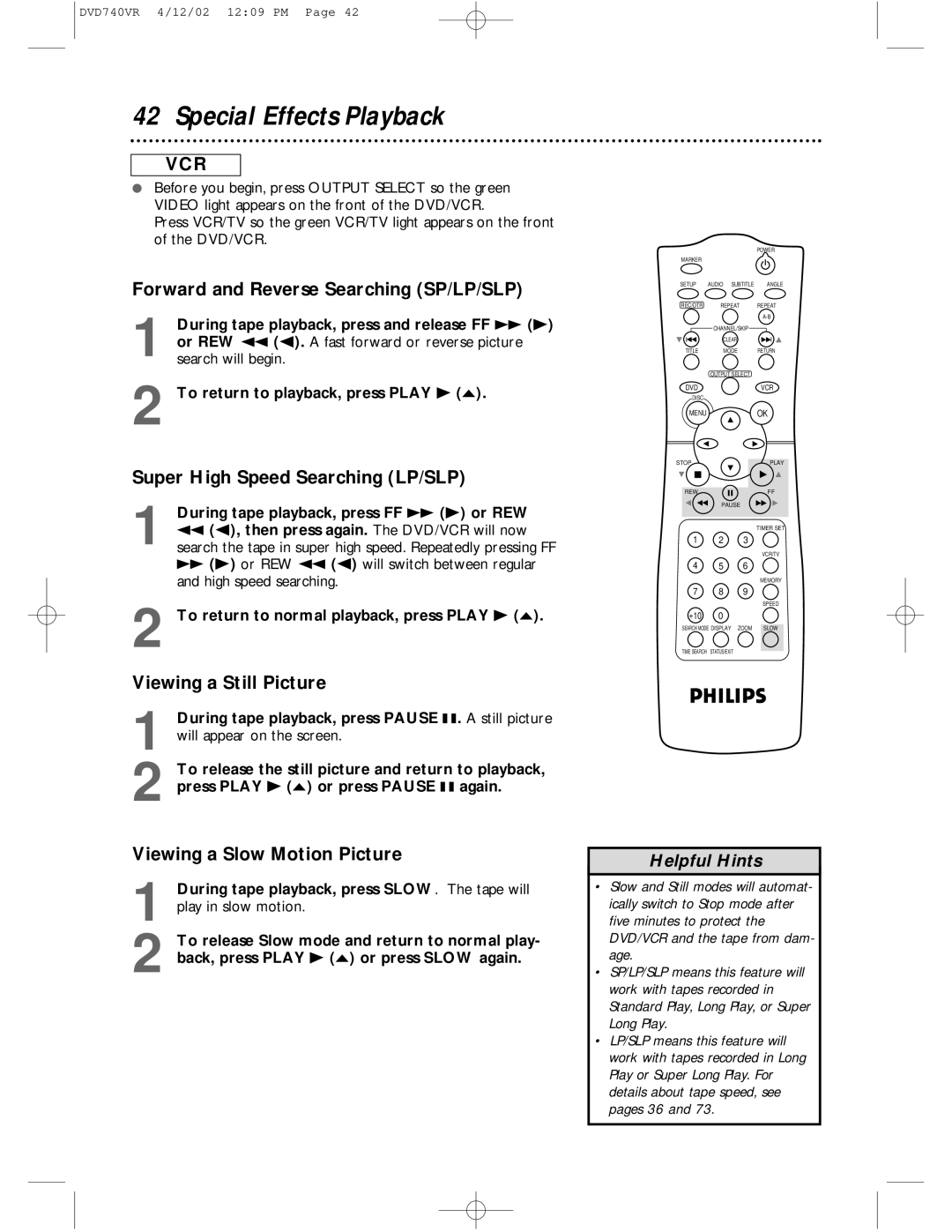 Philips DVD740VR Special Effects Playback, Forward and Reverse Searching SP/LP/SLP, Super High Speed Searching LP/SLP 