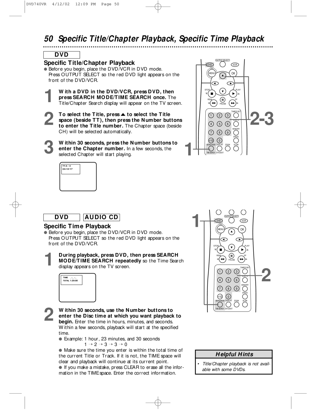 Philips DVD740VR owner manual Specific Title/Chapter Playback, Specific Time Playback 