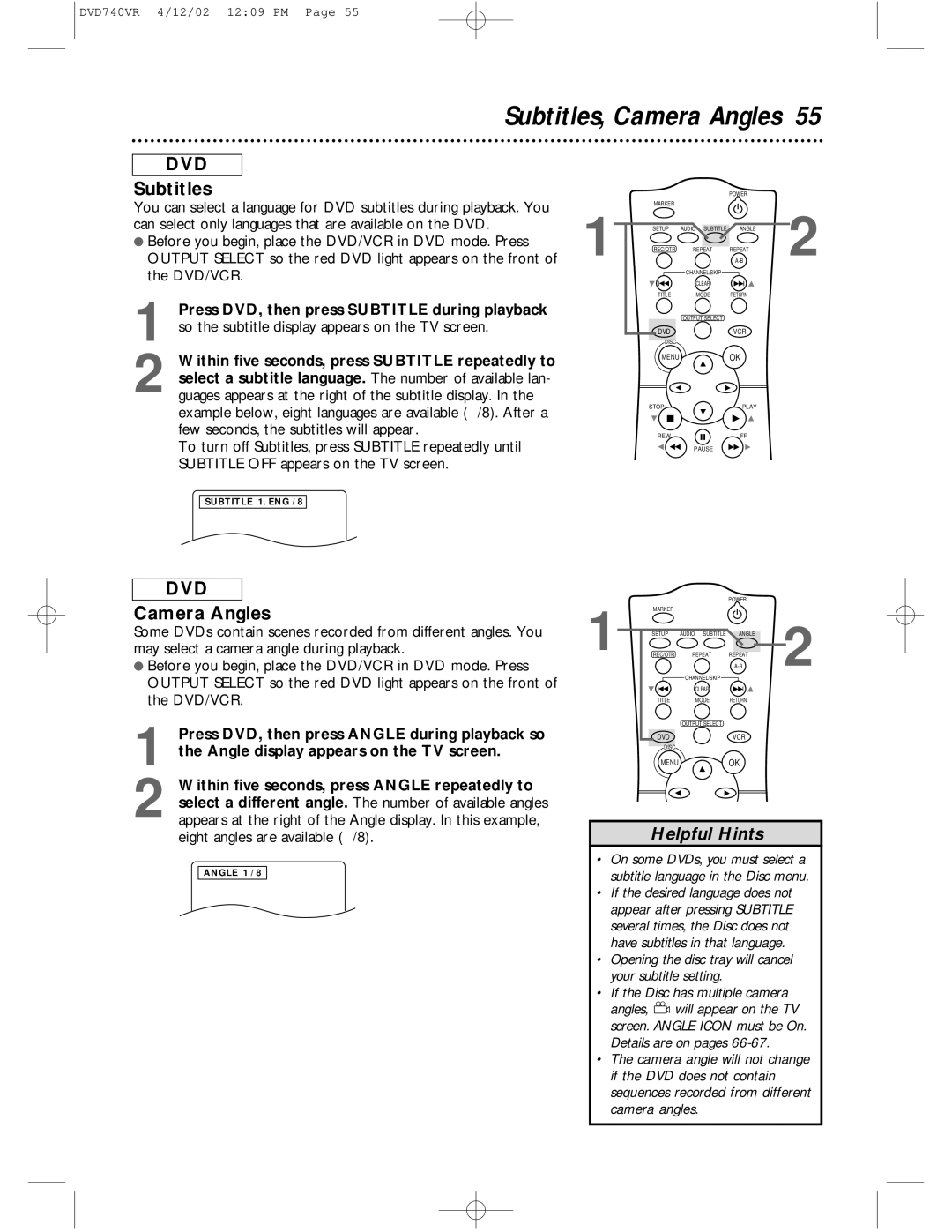 Philips DVD740VR owner manual Subtitles, Camera Angles 