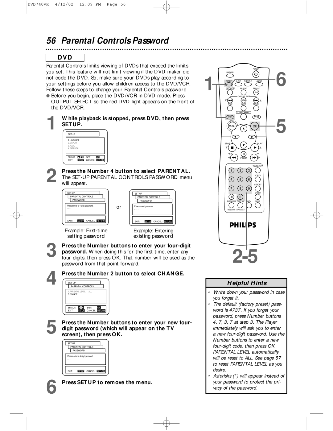 Philips DVD740VR owner manual Parental Controls Password, While playback is stopped, press DVD, then press 