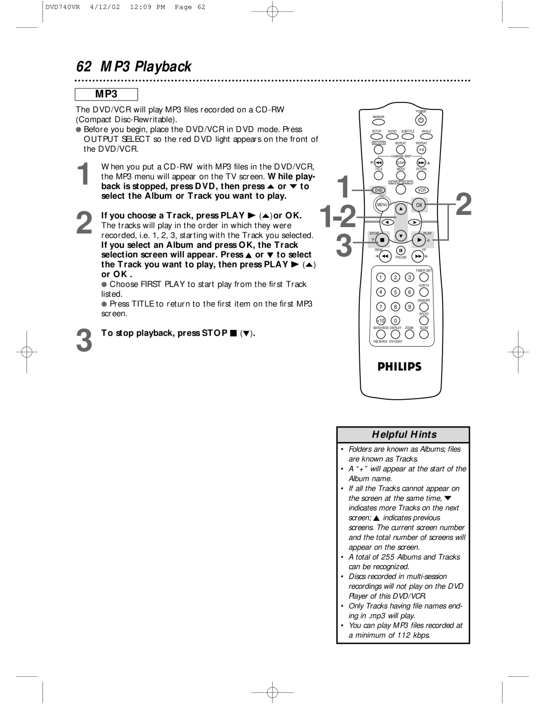 Philips DVD740VR 62 MP3 Playback, If you select an Album and press OK, the Track, To stop playback, press Stop C L 