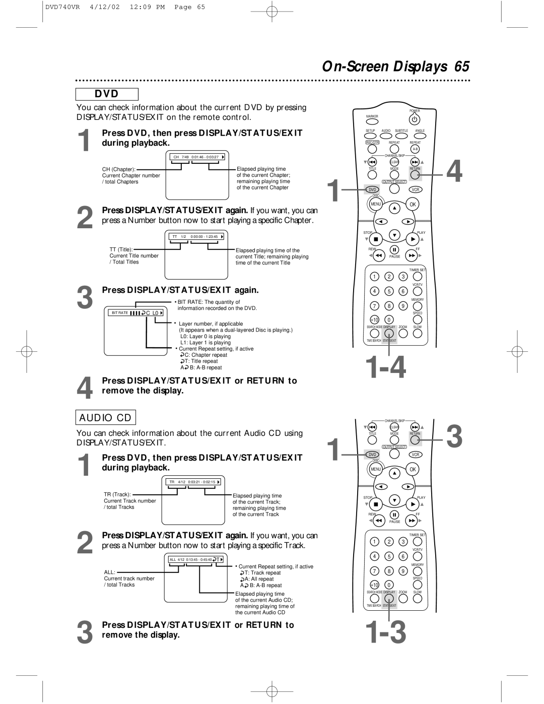 Philips DVD740VR owner manual On-Screen Displays, Press DVD, then press DISPLAY/STATUS/EXIT, During playback 