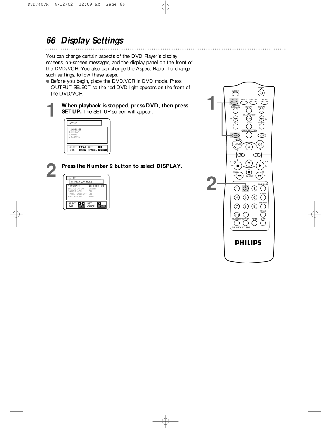 Philips DVD740VR owner manual Display Settings, Press the Number 2 button to select Display 