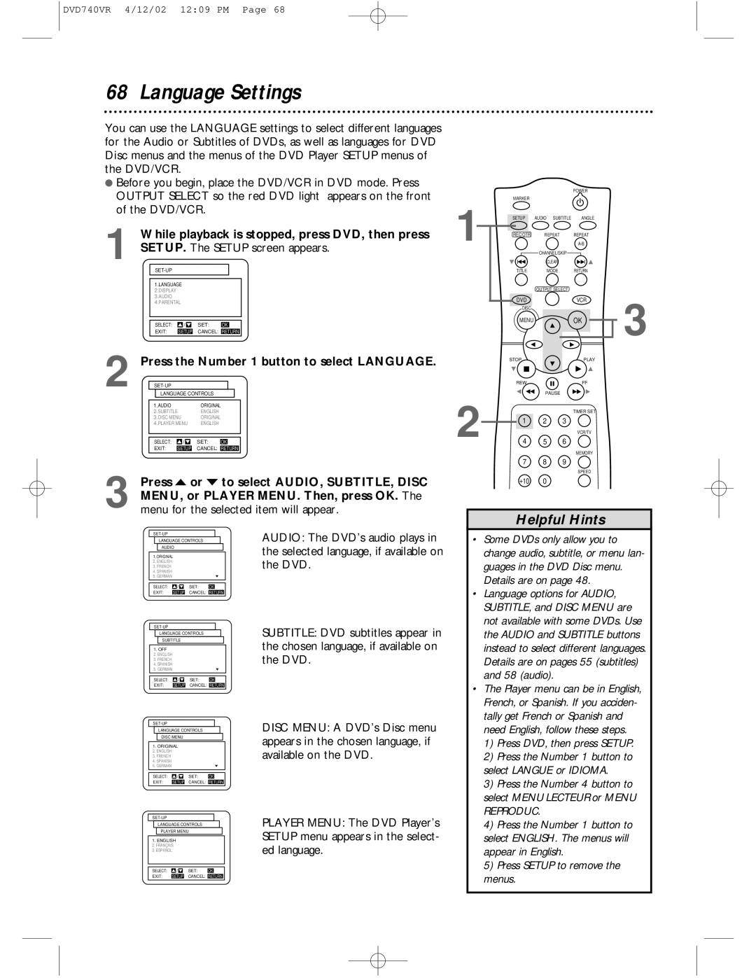 Philips DVD740VR Language Settings, SETUP. The Setup screen appears, PressSET-UPthe Number 1 button to select Language 