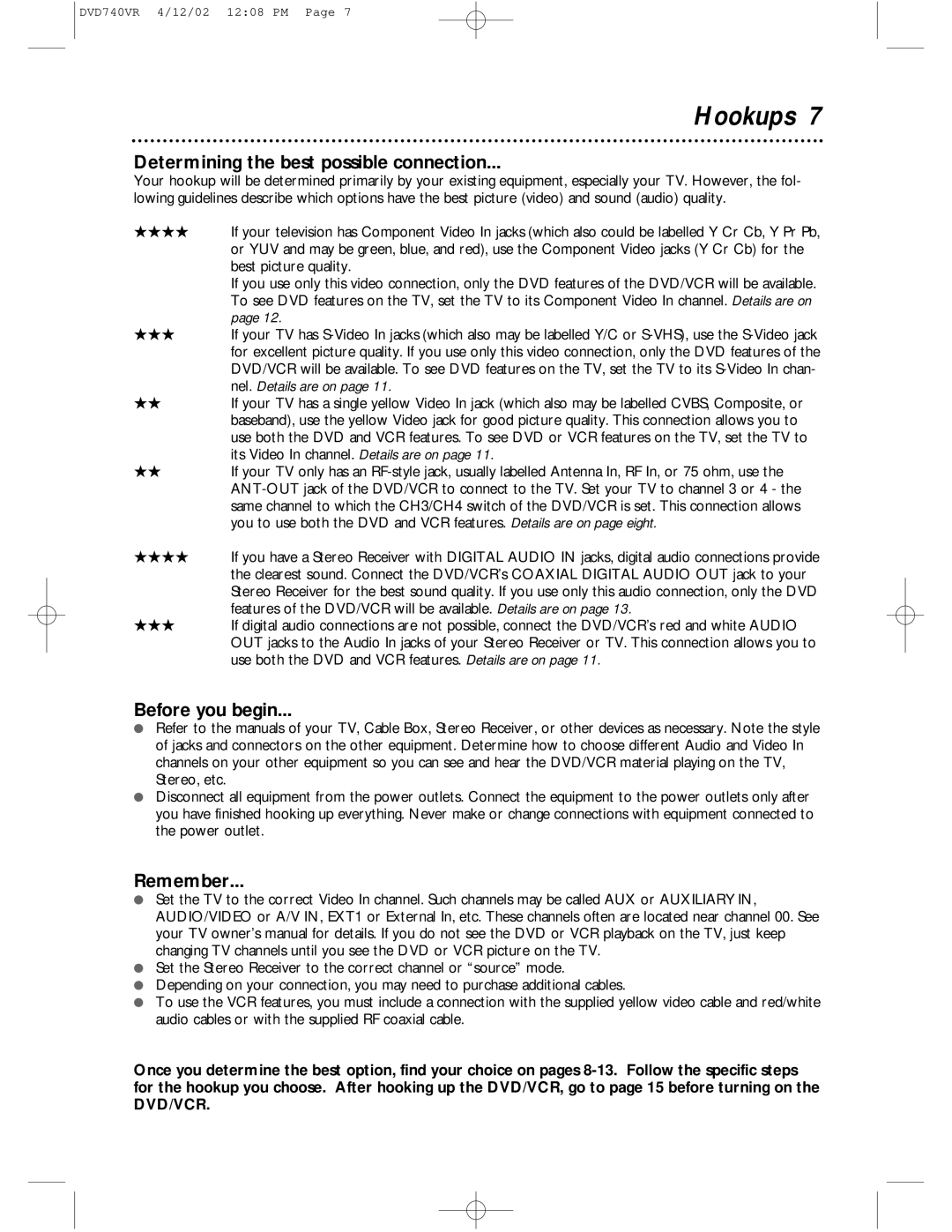 Philips DVD740VR owner manual Hookups, Determining the best possible connection, Before you begin, Remember 