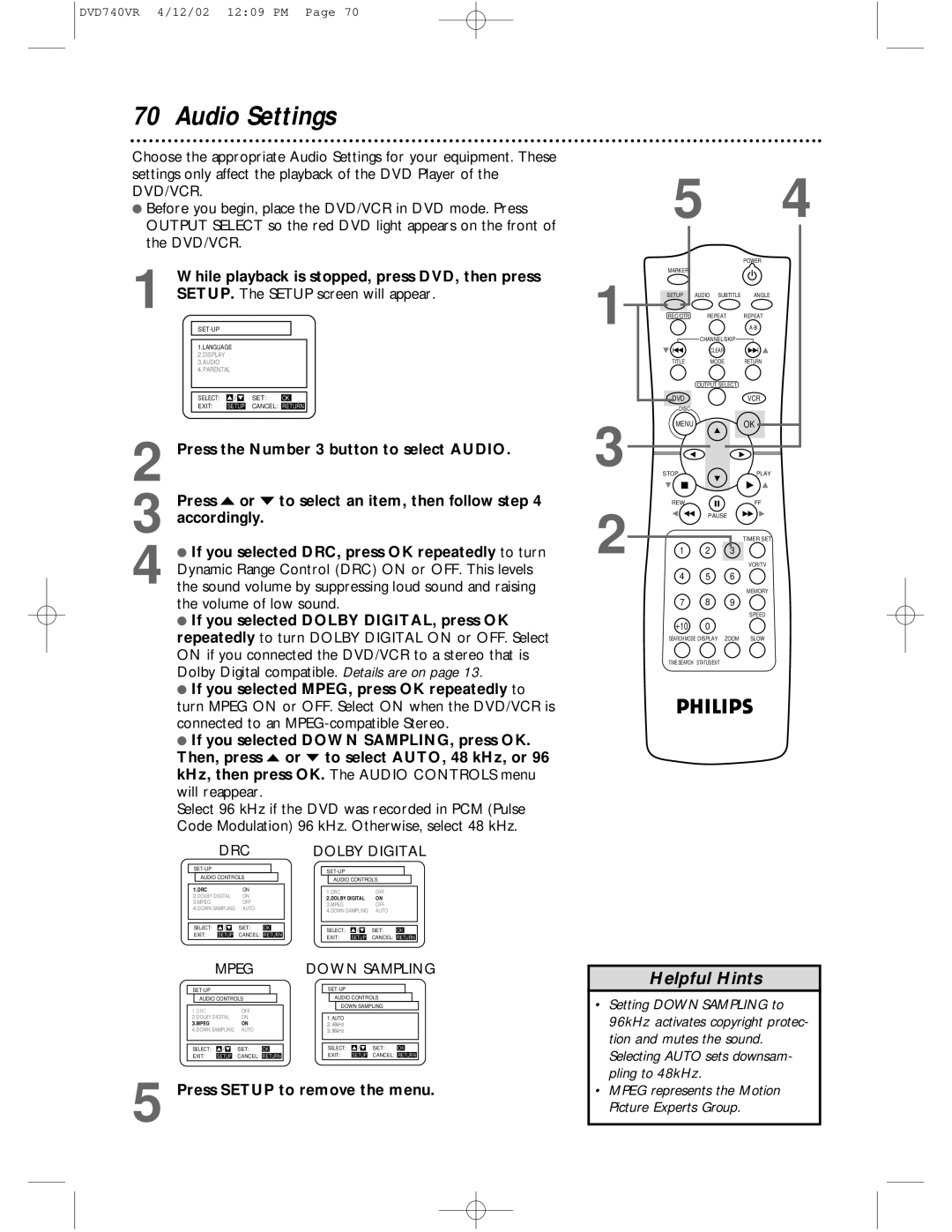 Philips DVD740VR owner manual Audio Settings, SETUP. The Setup screen will appear 