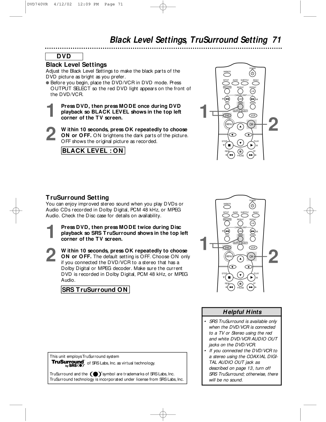 Philips DVD740VR owner manual Black Level Settings, TruSurround Setting, SRS TruSurround on 