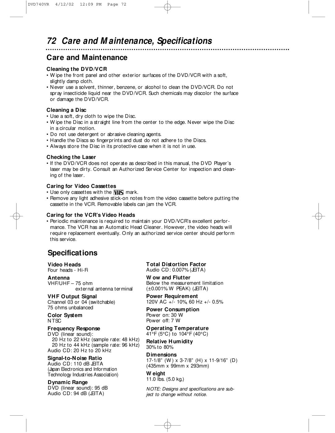 Philips DVD740VR owner manual Care and Maintenance, Specifications 