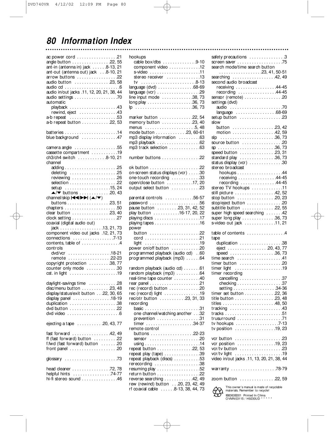 Philips DVD740VR owner manual Information Index, Ejecting a tape . . . . . . . . . . .20, 43 