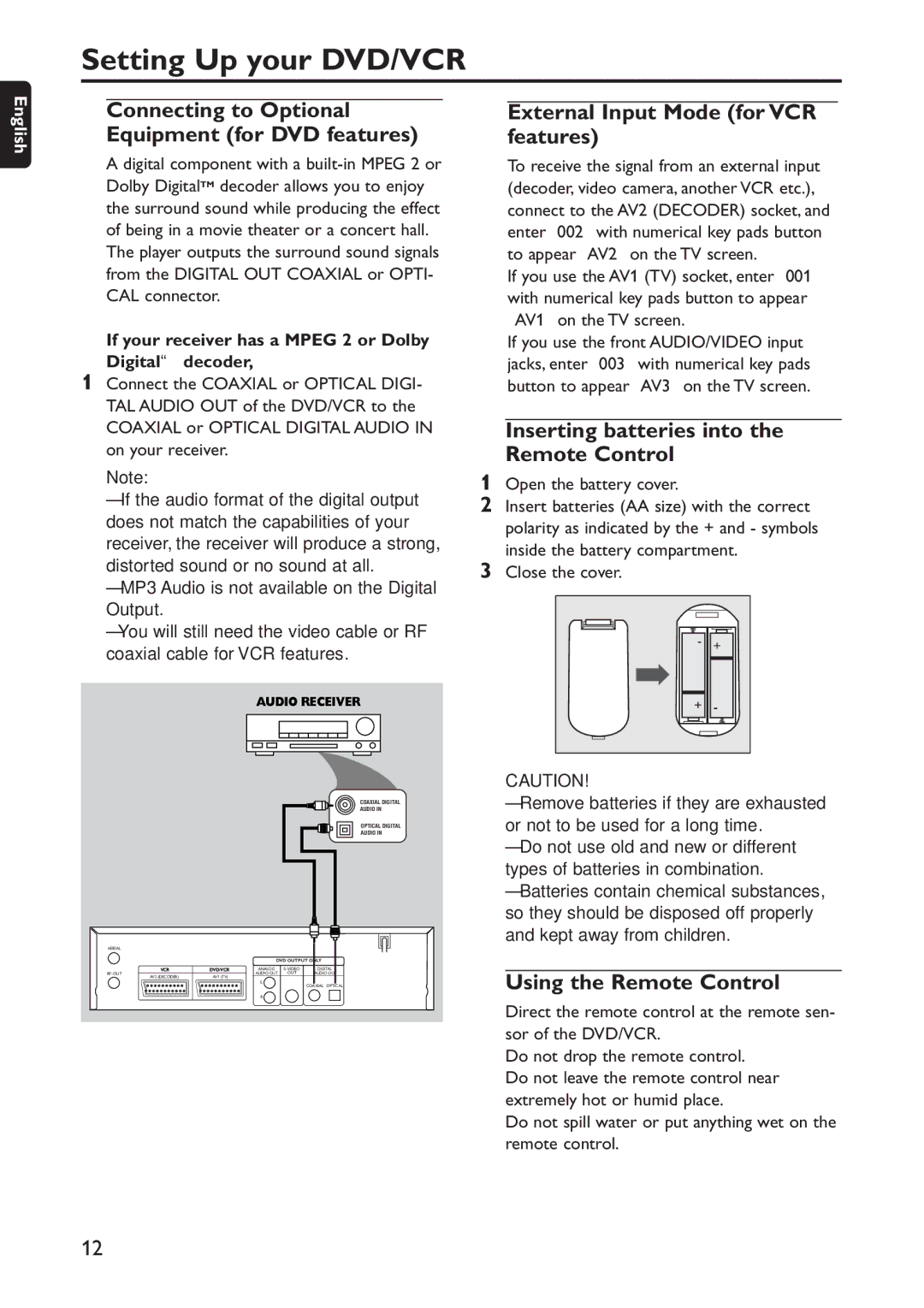 Philips DVD740VR/001 manual Connecting to Optional Equipment for DVD features, External Input Mode for VCR features 