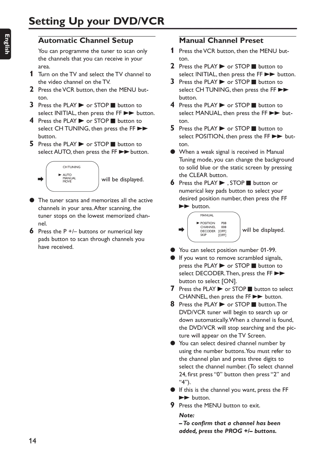 Philips DVD740VR/001 manual Automatic Channel Setup, Manual Channel Preset, MANUALwill be displayed 