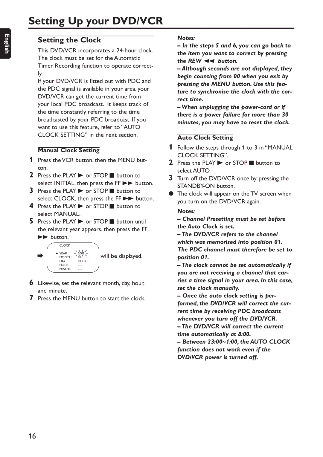 Philips DVD740VR/001 manual Setting the Clock, Manual Clock Setting, Button, Auto Clock Setting 