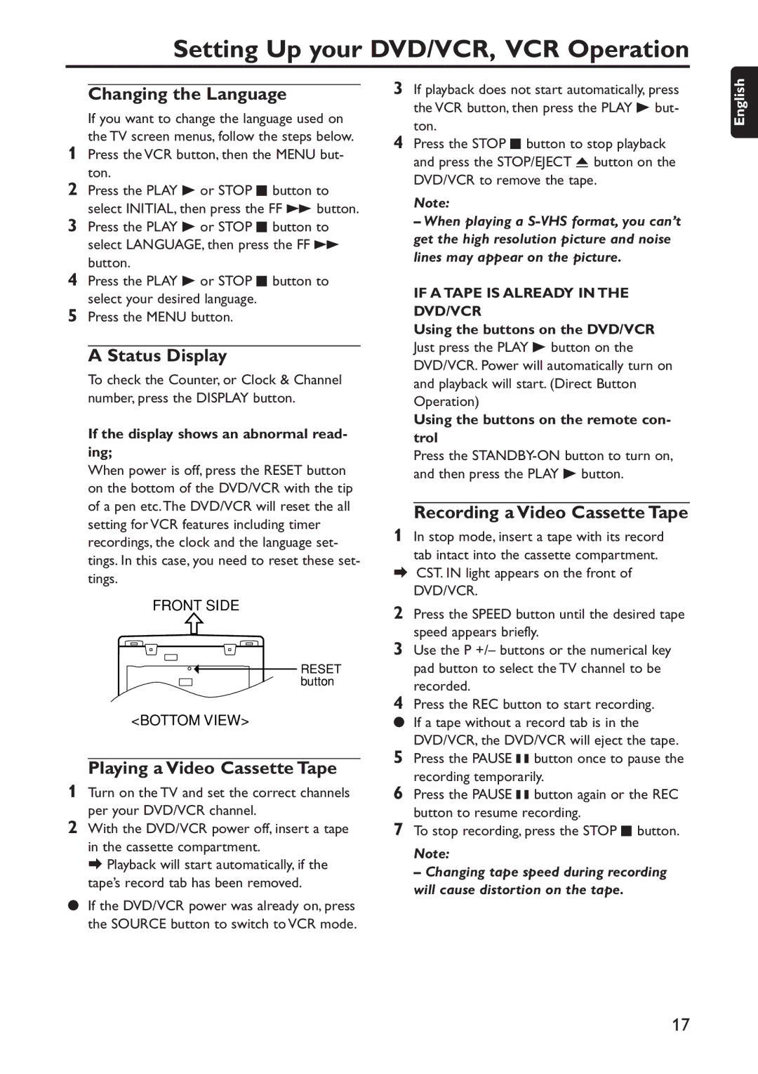 Philips DVD740VR/001 manual Setting Up your DVD/VCR, VCR Operation, Changing the Language, Status Display 