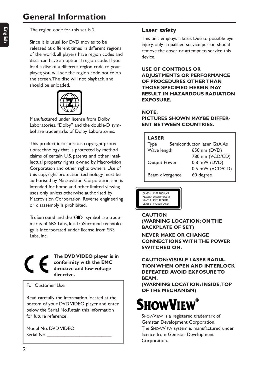 Philips DVD740VR/001 manual General Information, Laser safety, Region code for this set is 