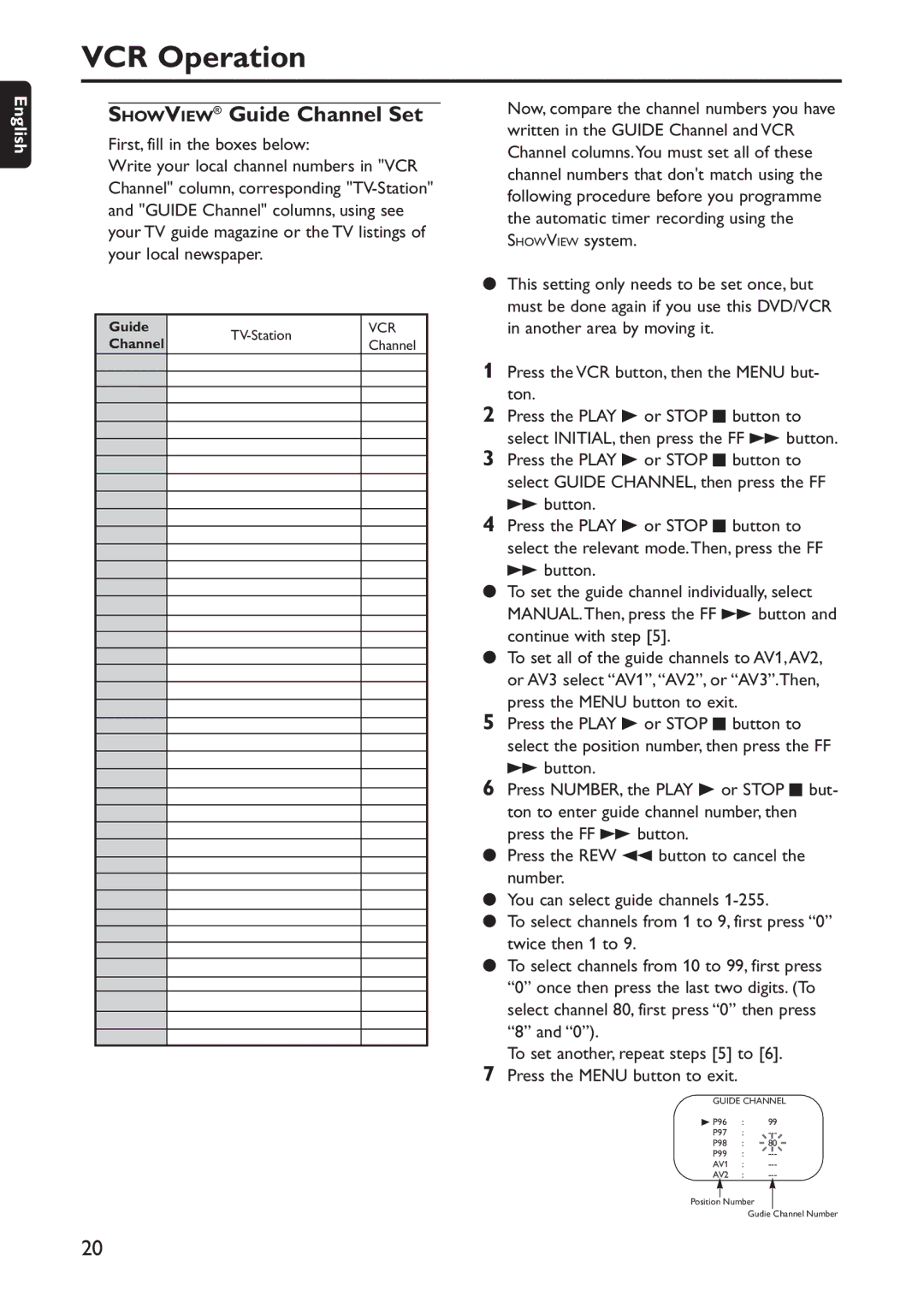 Philips DVD740VR/001 manual Showview Guide Channel Set, First, fill in the boxes below 