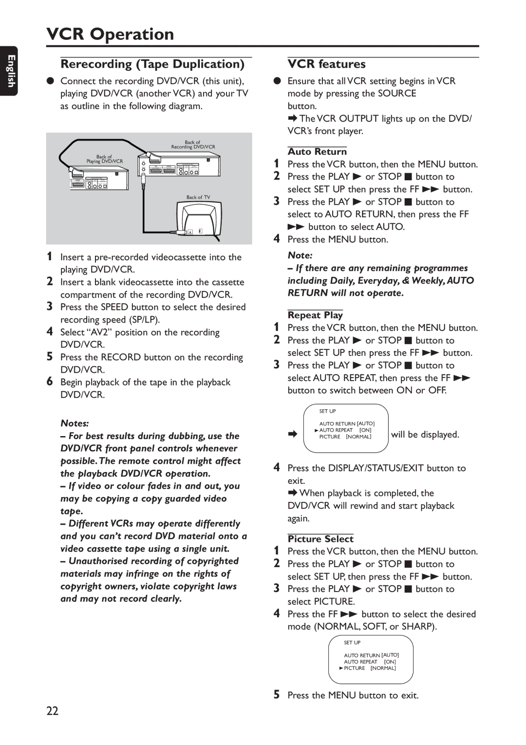 Philips DVD740VR/001 manual Rerecording Tape Duplication, VCR features, Auto Return, Repeat Play, Picture Select 