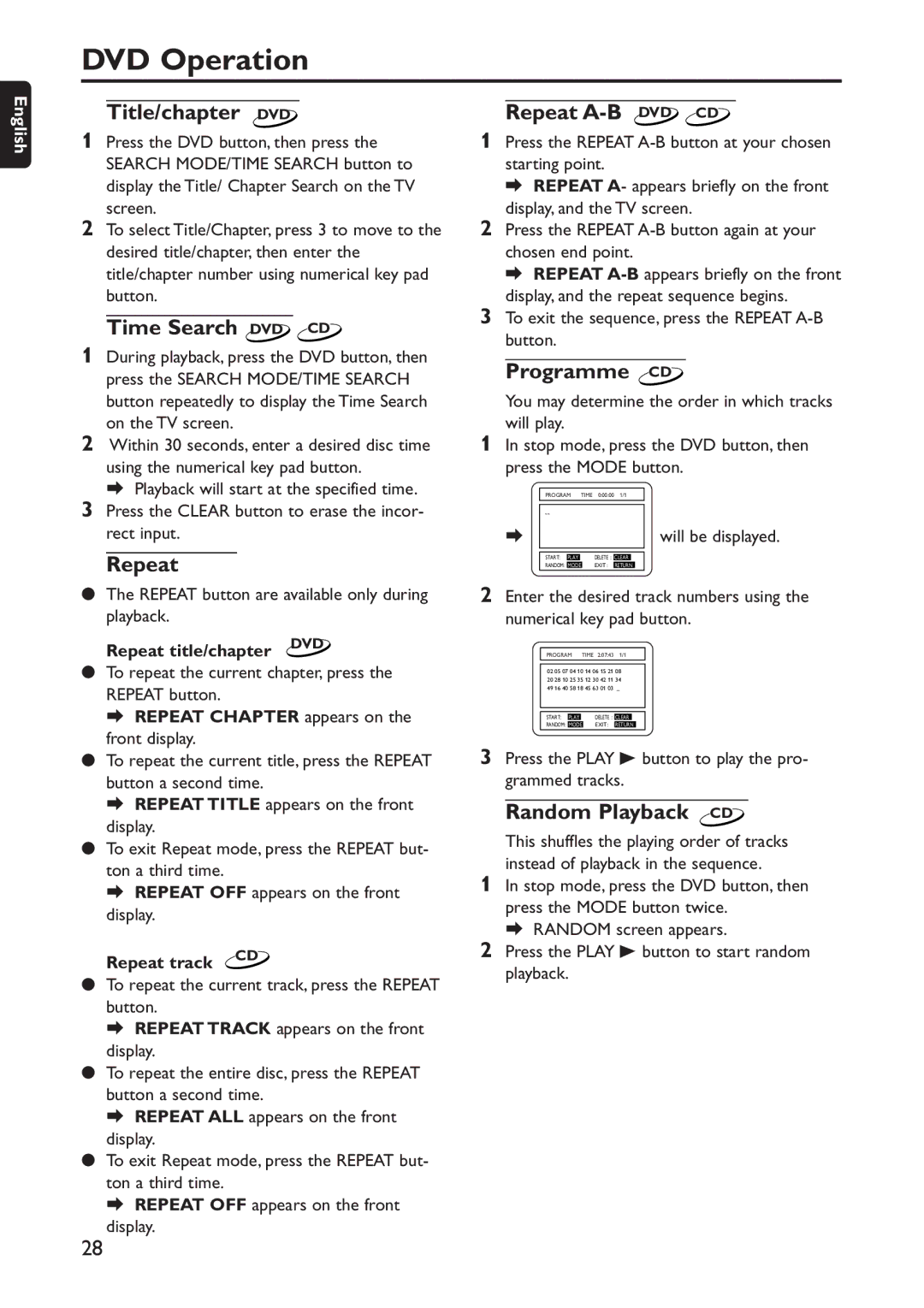 Philips DVD740VR/001 manual Title/chapter DVD Repeat A-B DVD CD, Time Search DVD CD, Programme CD, Random Playback CD 