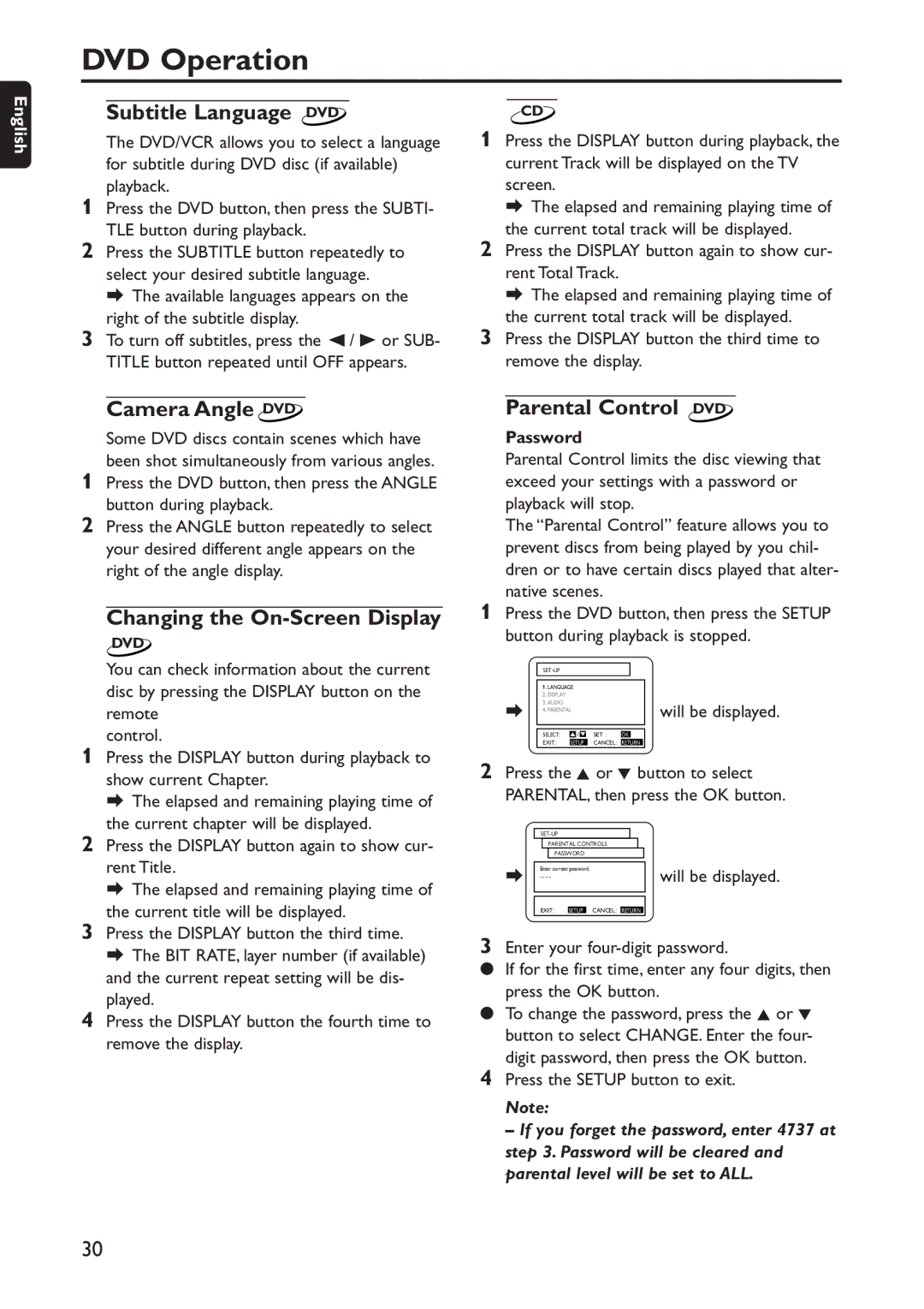 Philips DVD740VR/001 manual Subtitle Language DVD, Camera Angle DVD, Changing the On-Screen Display, Parental Control DVD 