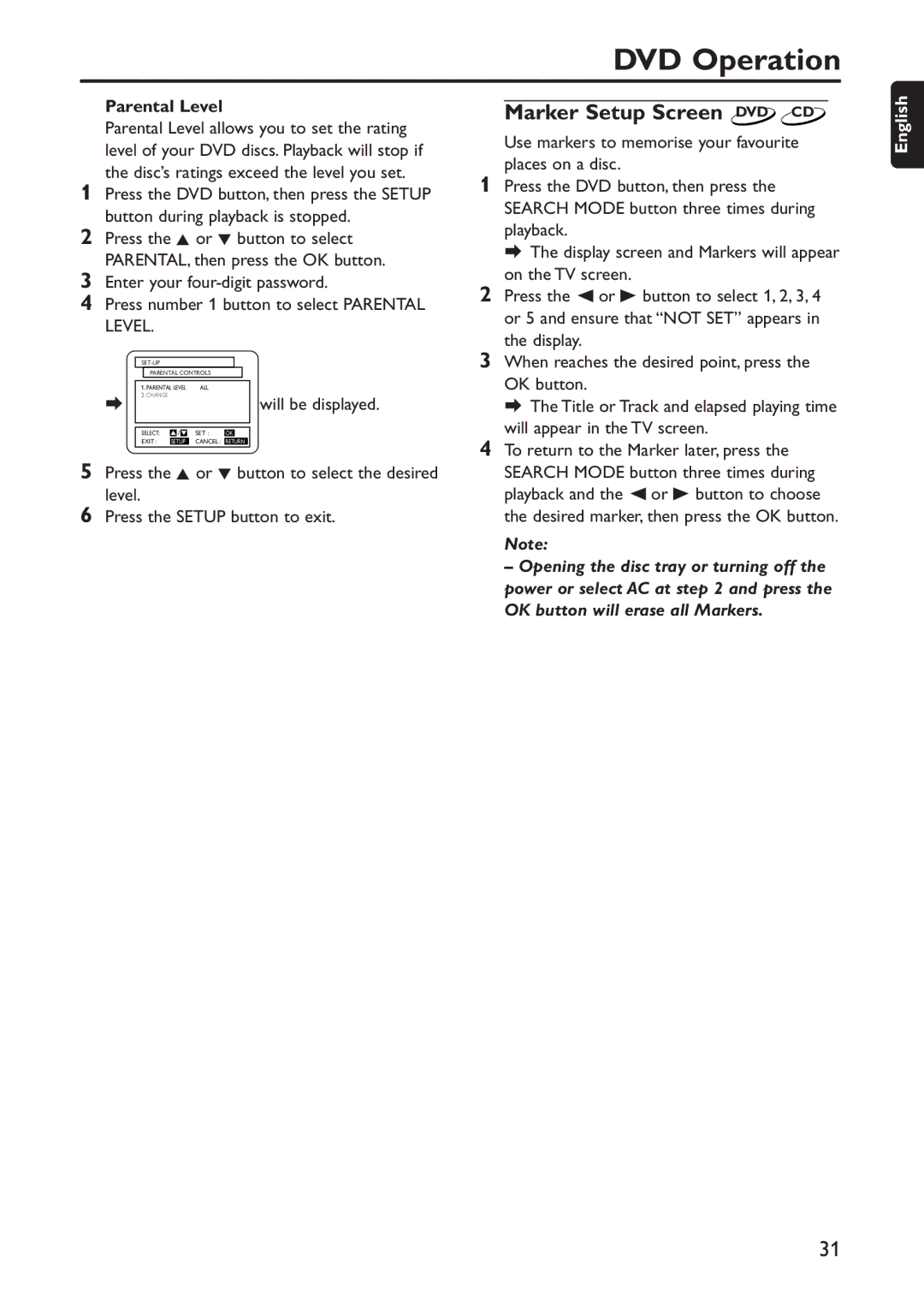 Philips DVD740VR/001 manual Marker Setup Screen DVD CD, Parental Level 