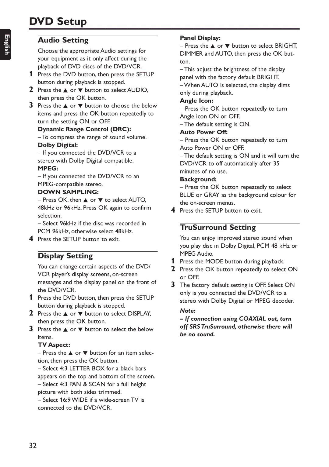 Philips DVD740VR/001 manual DVD Setup, Audio Setting, Display Setting, TruSurround Setting 