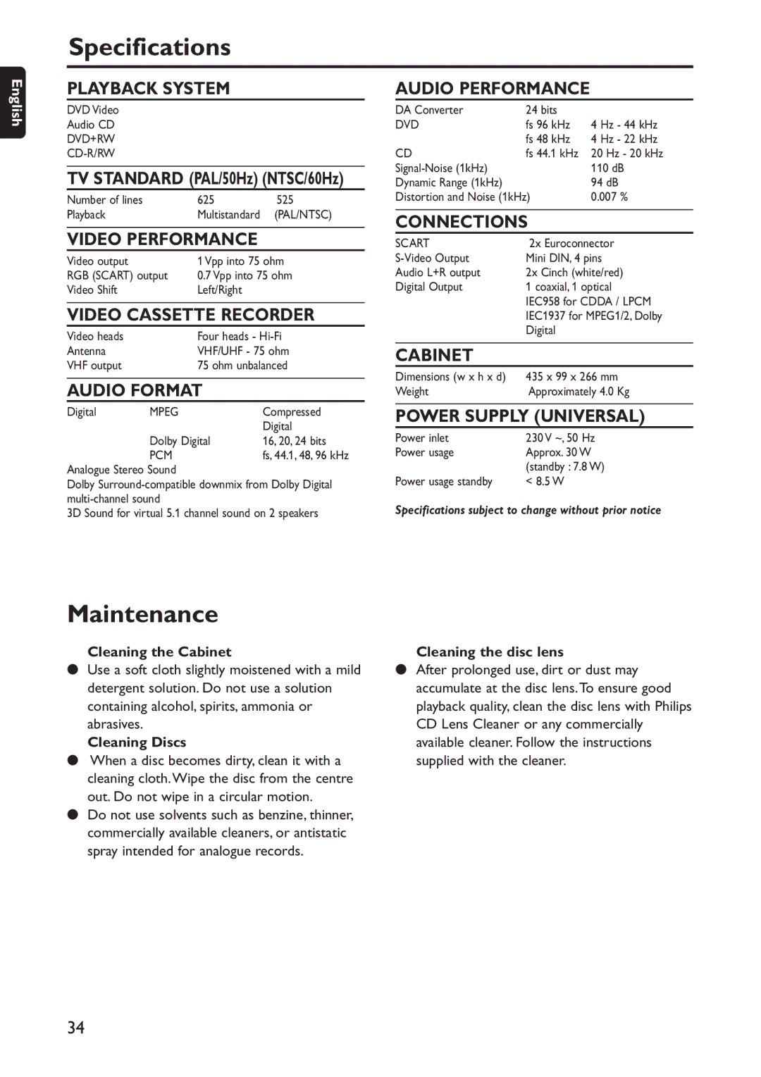 Philips DVD740VR/001 manual Specifications, Maintenance, Cleaning the Cabinet, Cleaning Discs, Cleaning the disc lens 