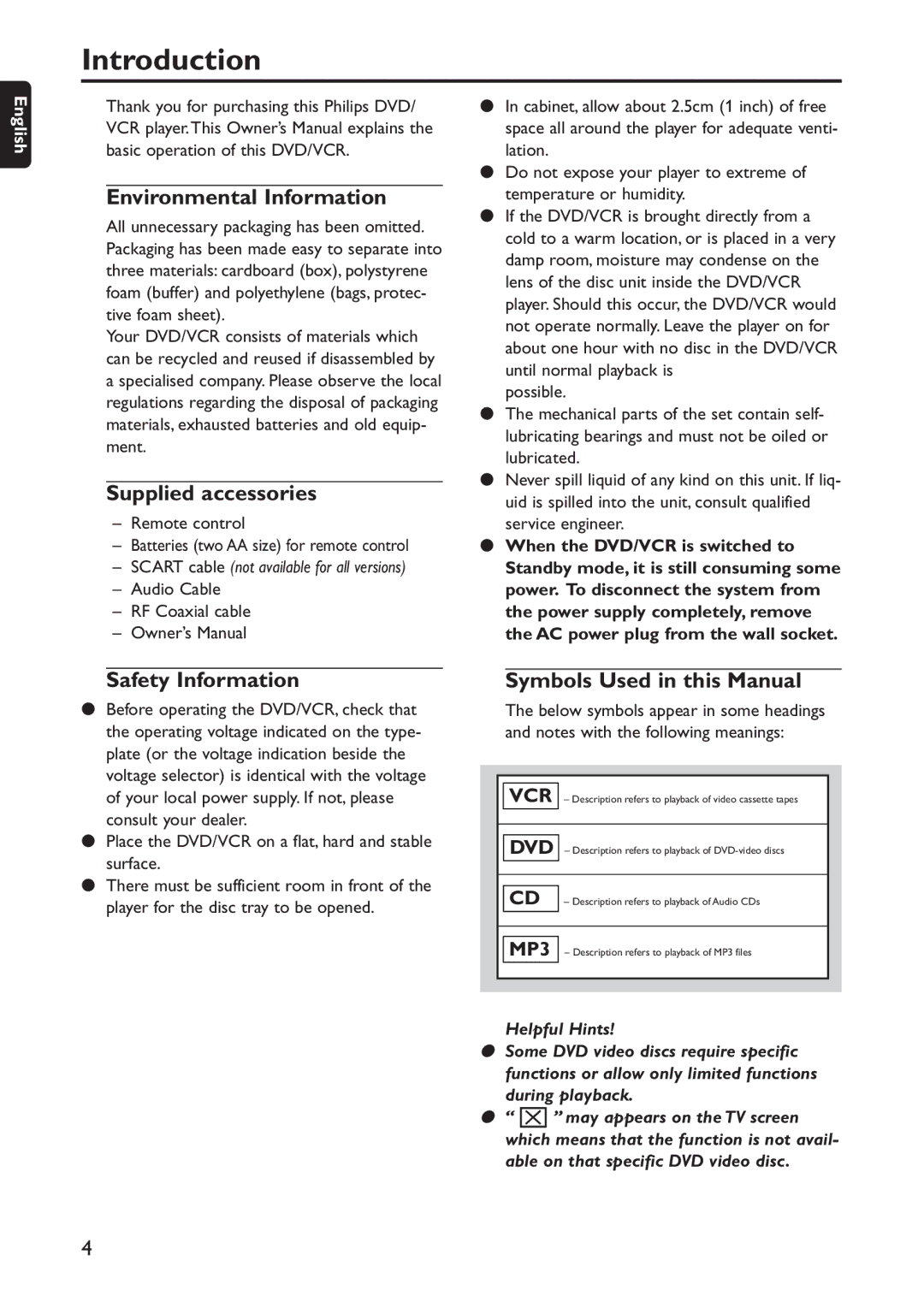 Philips DVD740VR/001 manual Introduction, Environmental Information, Supplied accessories, Safety Information 