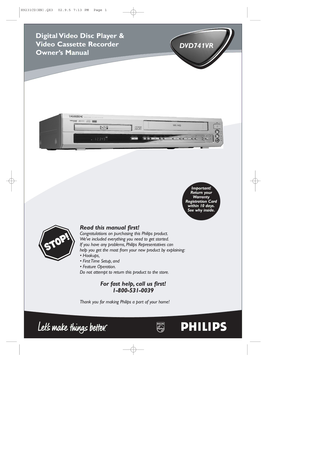 Philips DVD741VR owner manual Digital Video Disc Player Video Cassette Recorder 