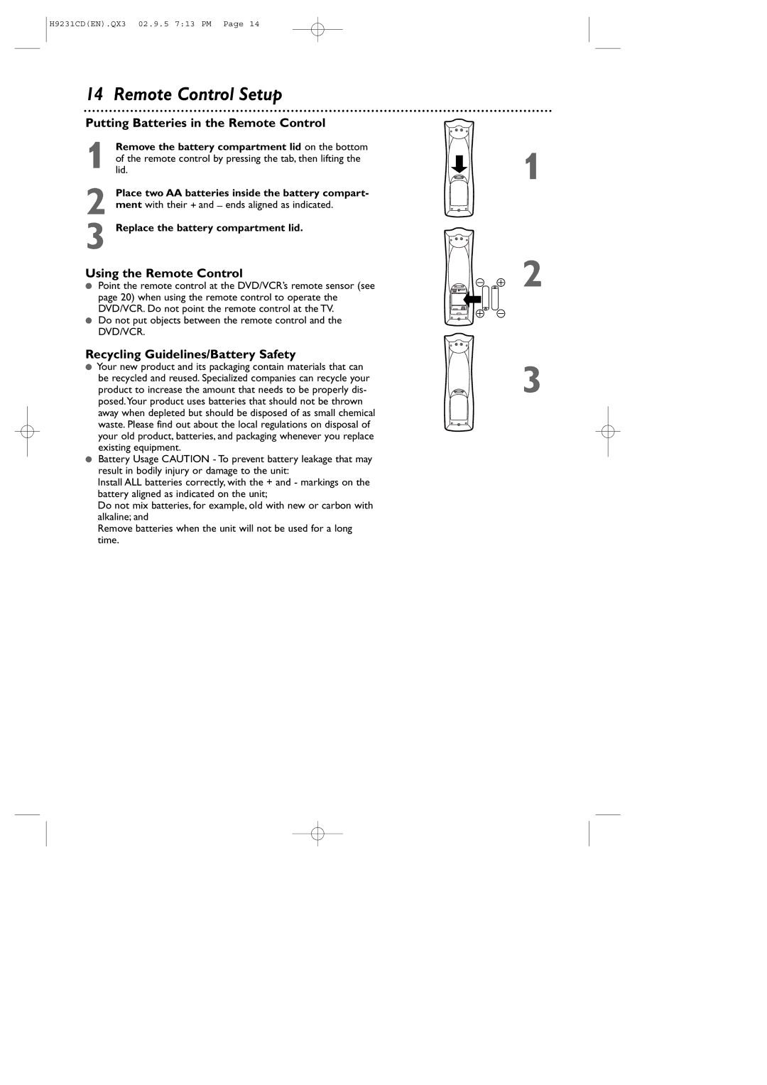 Philips DVD741VR owner manual Remote Control Setup, Putting Batteries in the Remote Control, Using the Remote Control 