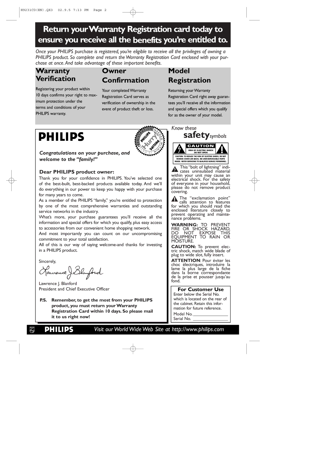 Philips DVD741VR owner manual Dear Philips product owner, For Customer Use 