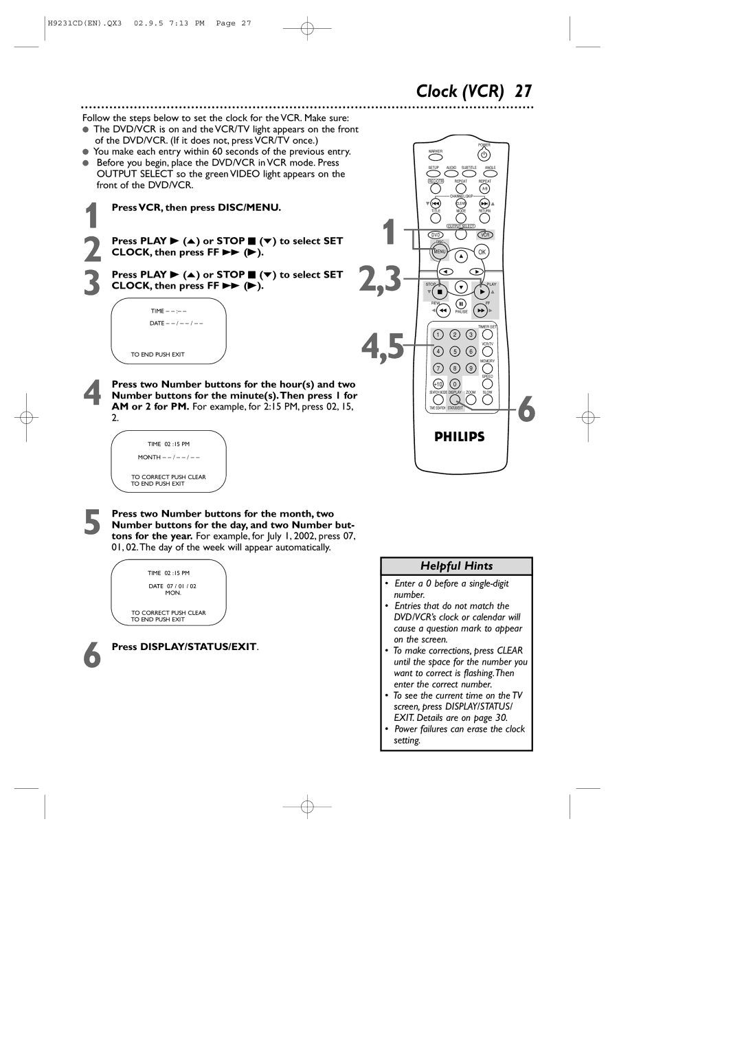 Philips DVD741VR owner manual Clock VCR, Power failures can erase the clock setting 