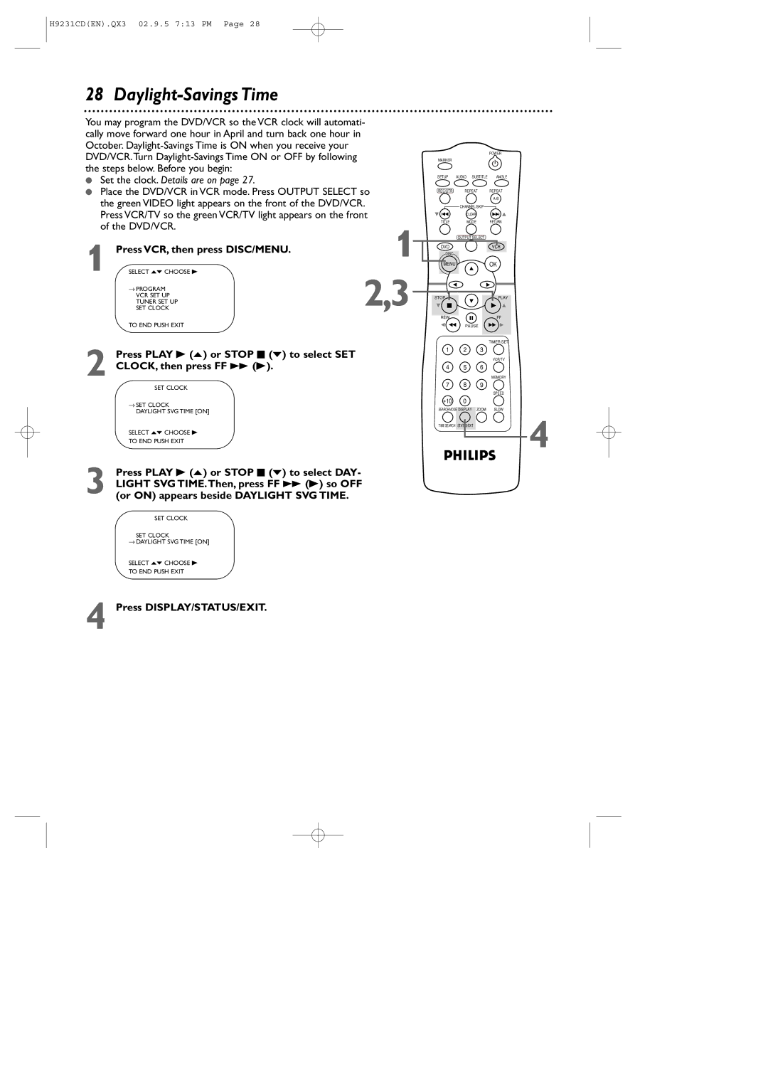 Philips DVD741VR owner manual Daylight-Savings Time, Set the clock. Details are on 