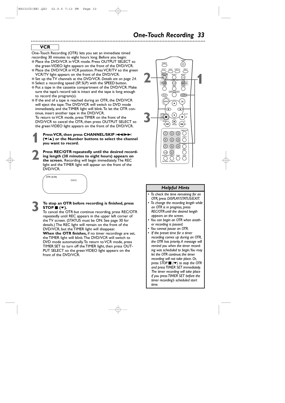 Philips DVD741VR owner manual One-Touch Recording, To stop an OTR before recording is finished, press Stop C p 