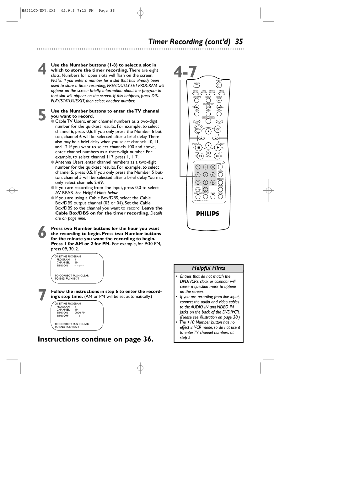 Philips DVD741VR owner manual Timer Recording cont’d, Press two Number buttons for the hour you want 