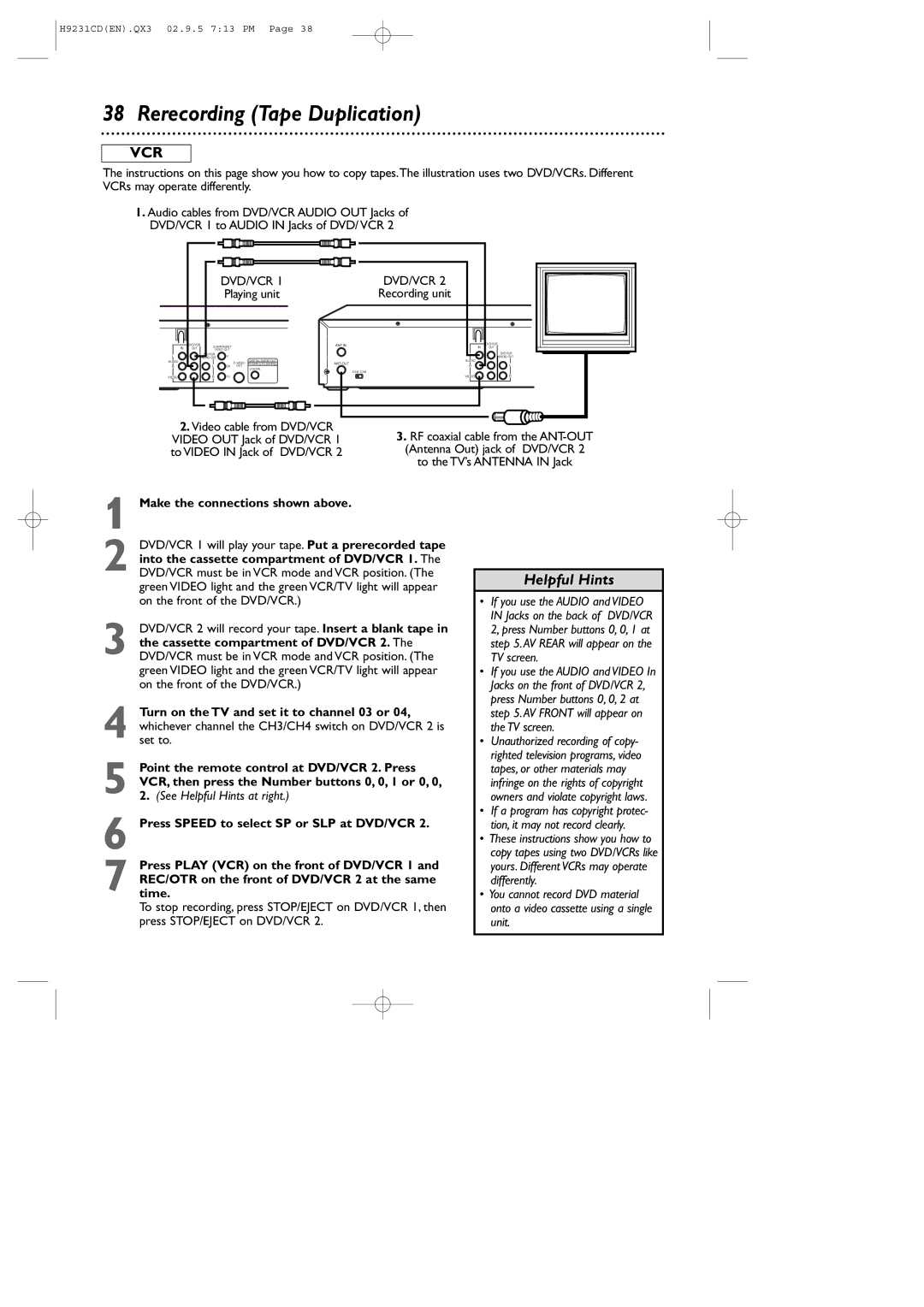 Philips DVD741VR Rerecording Tape Duplication, Make the connections shown above, Cassette compartment of DVD/VCR 2 