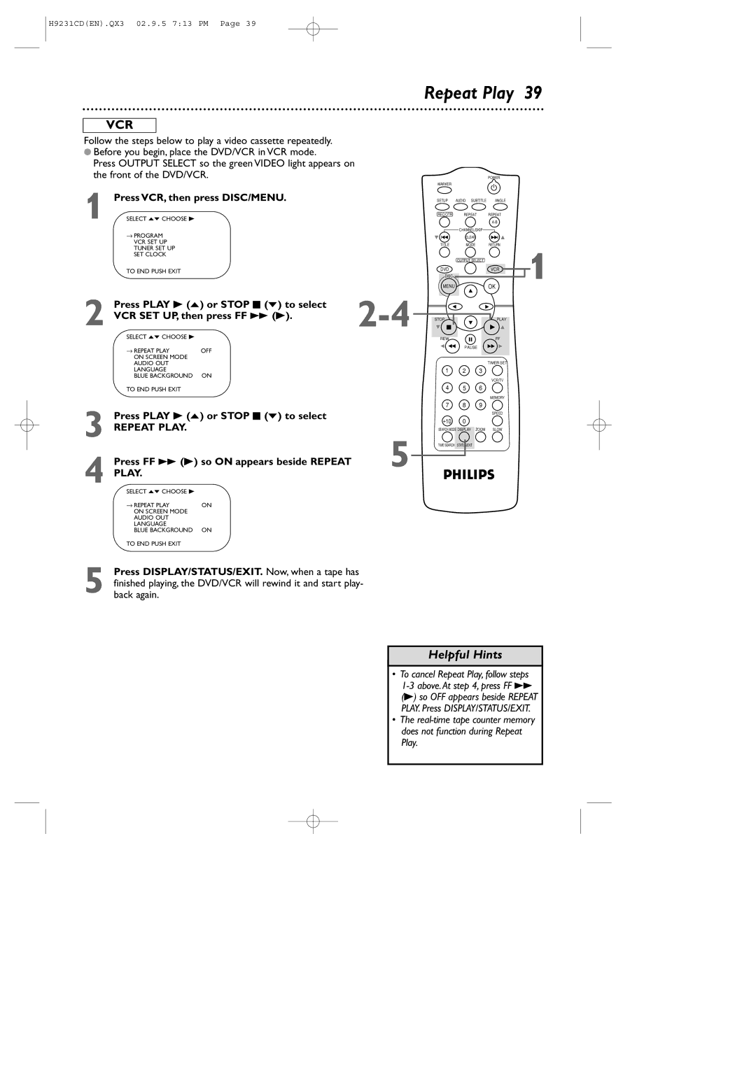 Philips DVD741VR owner manual Repeat Play, Press Play B o or Stop C p to select, Press FF g B so on appears beside Repeat 