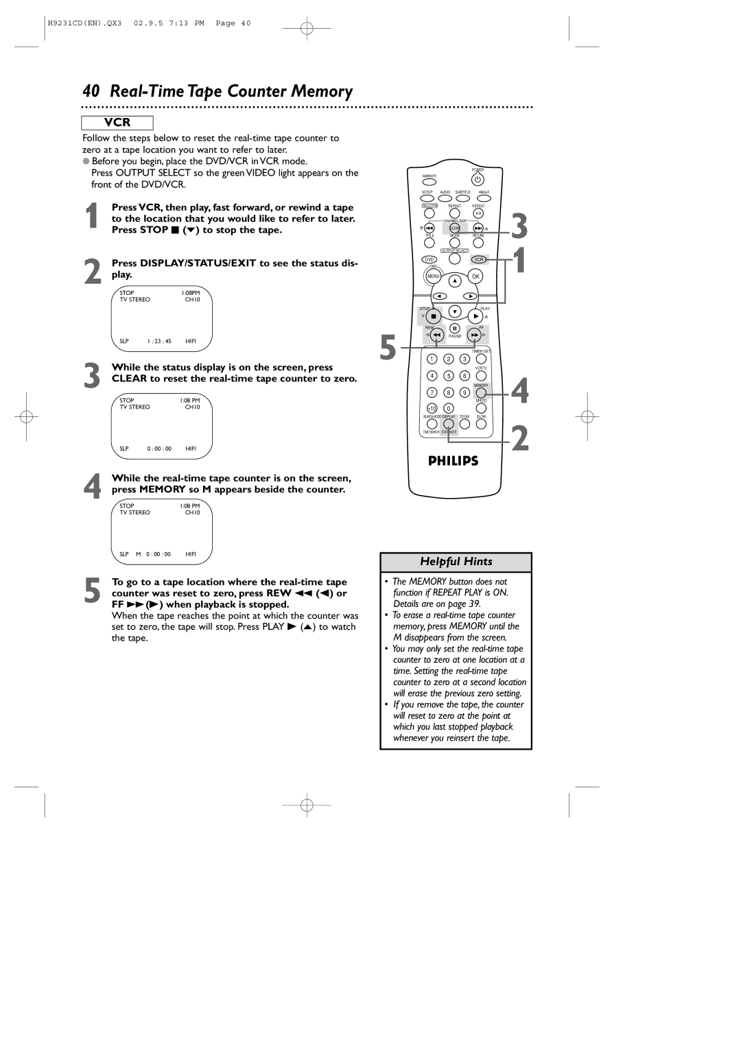 Philips DVD741VR owner manual Real-Time Tape Counter Memory, While the status display is on the screen, press 