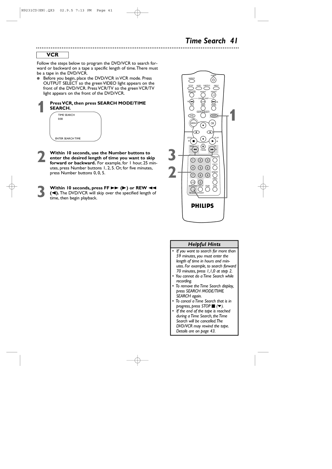 Philips DVD741VR owner manual Time Search, Press VCR, then press Search MODE/TIME 