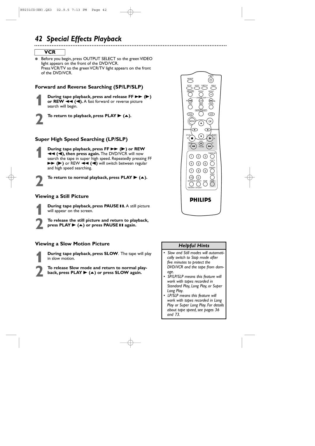 Philips DVD741VR Special Effects Playback, Forward and Reverse Searching SP/LP/SLP, Super High Speed Searching LP/SLP 