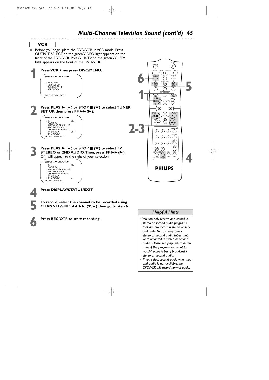 Philips DVD741VR owner manual Multi-Channel Television Sound cont’d, SET UP, then press FF gB 