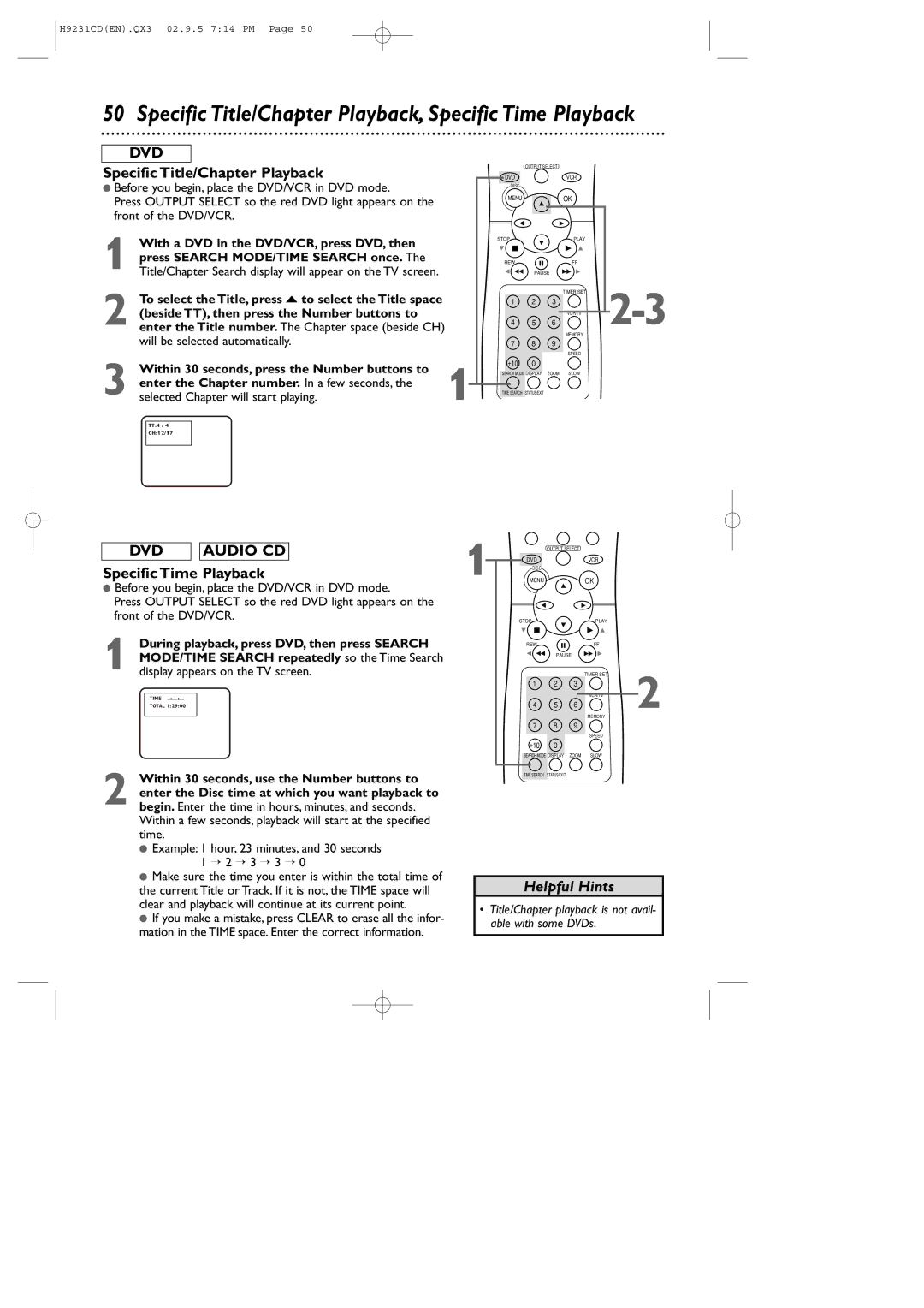 Philips DVD741VR owner manual Specific Title/Chapter Playback, Specific Time Playback 